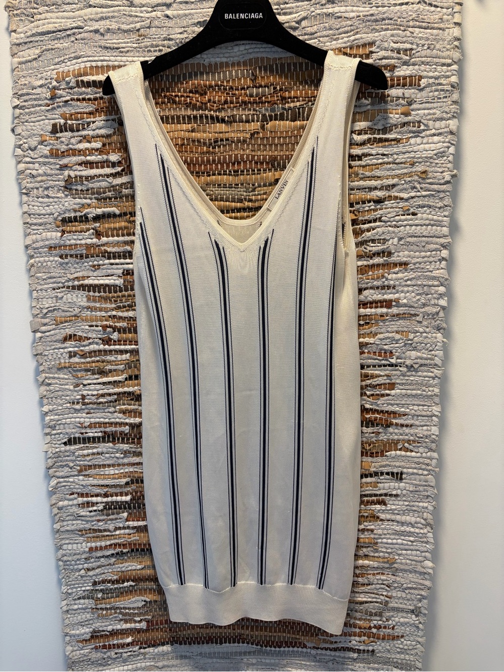 LanciWomen’s Cream V-Neck Ribbed Swim Cover Tank with Navy Stripes